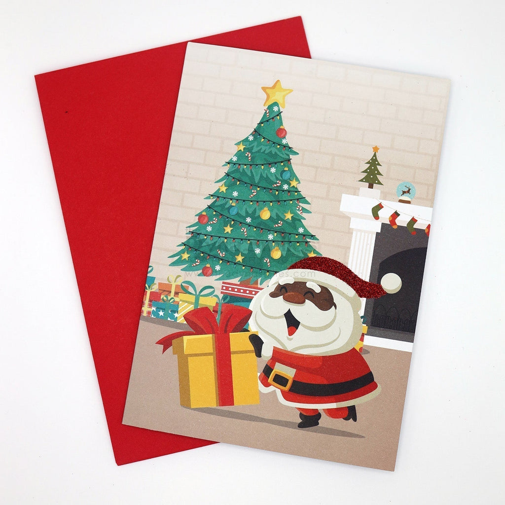 Jolly Soul Santa Pushing Presents - Black Santa Christmas Card (1pc)