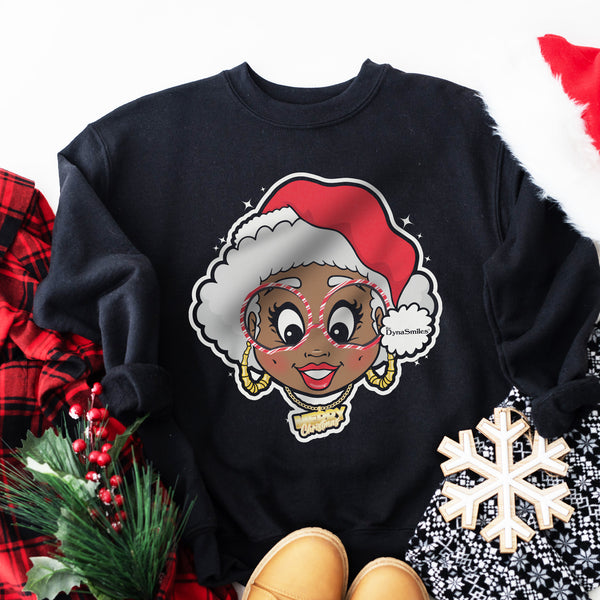 In House Inventory - Mrs Black Santa with the Gold Chain Christmas Unisex Sweatshirt - Sizes SM to 5XL