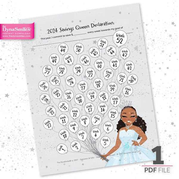 2024 Savings Queen 52 Weeks Balloon Chart - 8.5x11" PDF Download - TheDynaSmiles.com