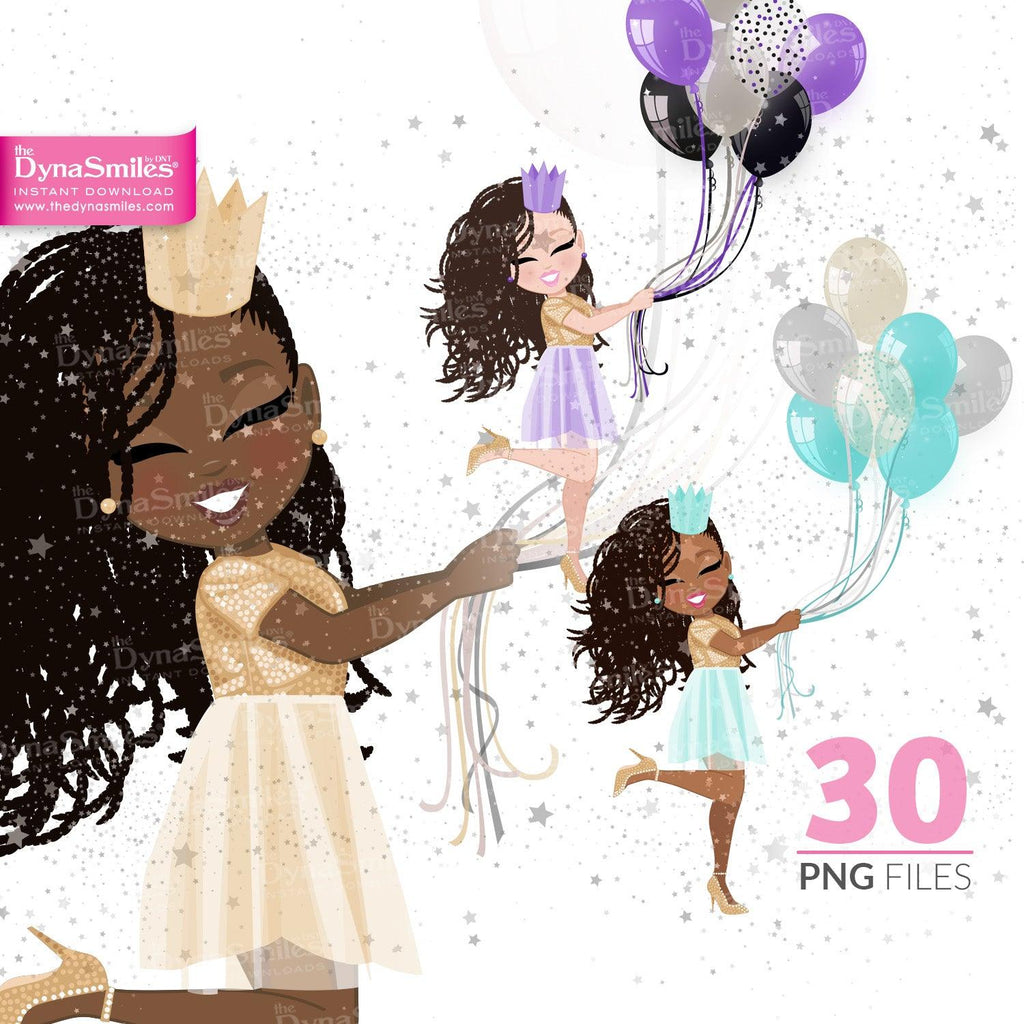 Balloons "Braids" Birthday Celebration Digital Doll, Black Woman Fashion Clipart, African American, Melanin, Cute Black Girl Illustration, Digital Planner Sticker, PNG Download