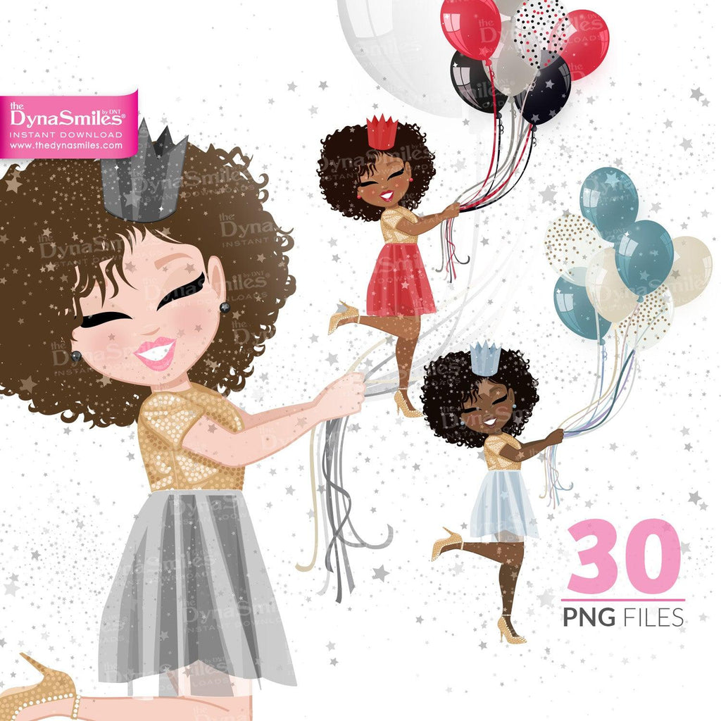 Balloons "Curly Fro" Birthday Celebration Digital Doll, Black Woman Fashion Clipart, African American, Melanin, Cute Black Girl Illustration, Digital Planner Sticker, PNG Download