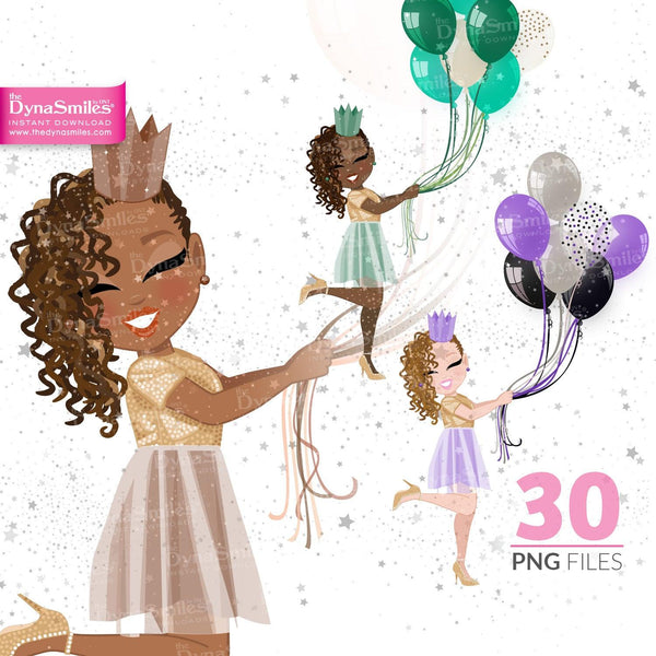 Balloons "Locs" Birthday Celebration Digital Doll, Black Woman Fashion Clipart - TheDynaSmiles.com
