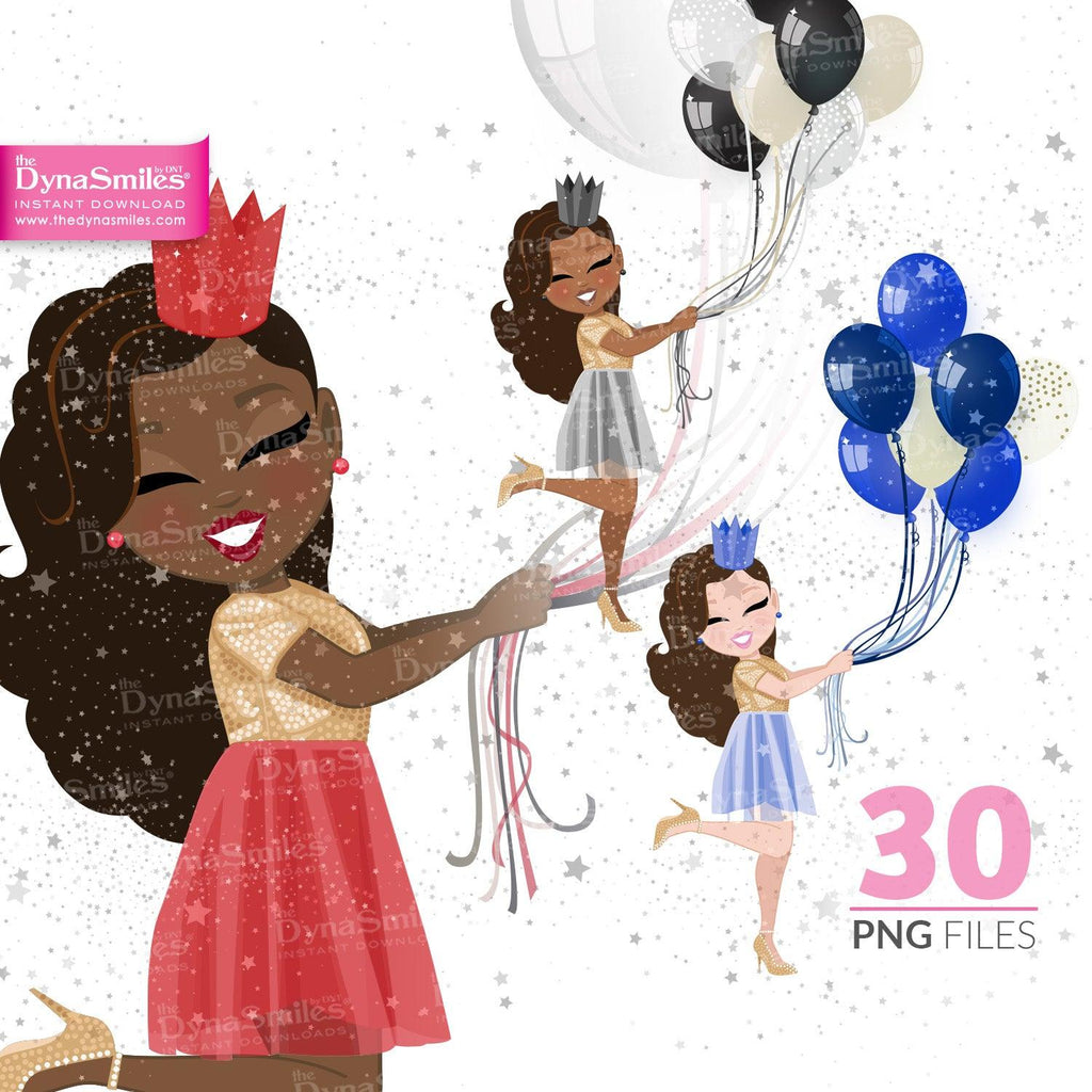 Balloons "Long Hair" Birthday Celebration Digital Doll, Black Woman Fashion Clipart, African American, Melanin, Cute Black Girl Illustration, Digital Planner Sticker, PNG Download
