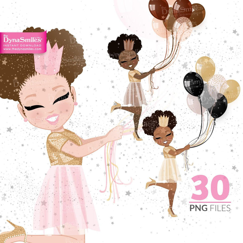 Balloons "Natural Crown" Birthday Celebration Digital Doll, Black Woman Fashion Clipart, African American, Melanin, Cute Black Girl Illustration, Digital Planner Sticker, PNG Download