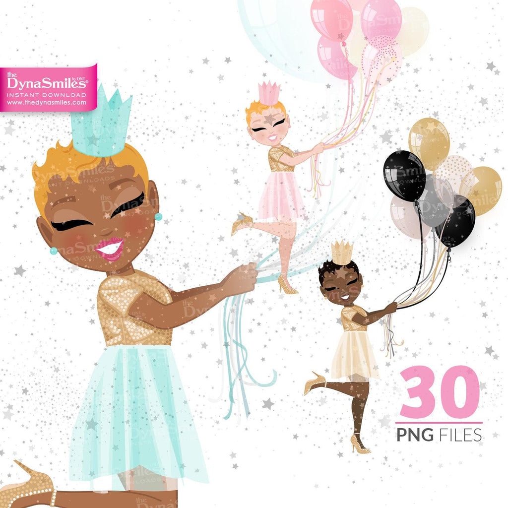 Balloons "Pixie Cut" Birthday Celebration Digital Doll, Black Woman Fashion Clipart, African American, Melanin, Cute Black Girl Illustration, Digital Planner Sticker, PNG Download