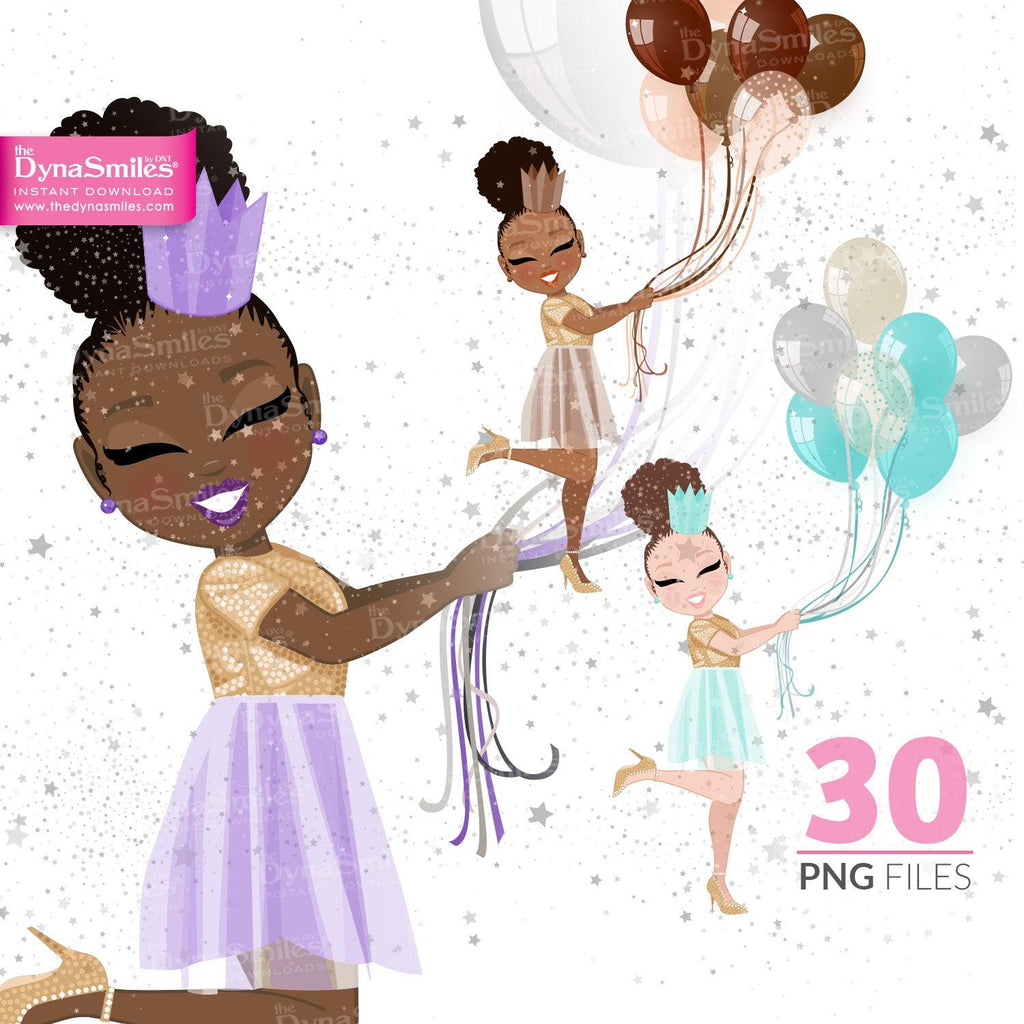 Balloons "Puffy Updo" Birthday Celebration Digital Doll, Black Woman Fashion Clipart, African American, Melanin, Cute Black Girl Illustration, Digital Planner Sticker, PNG Download
