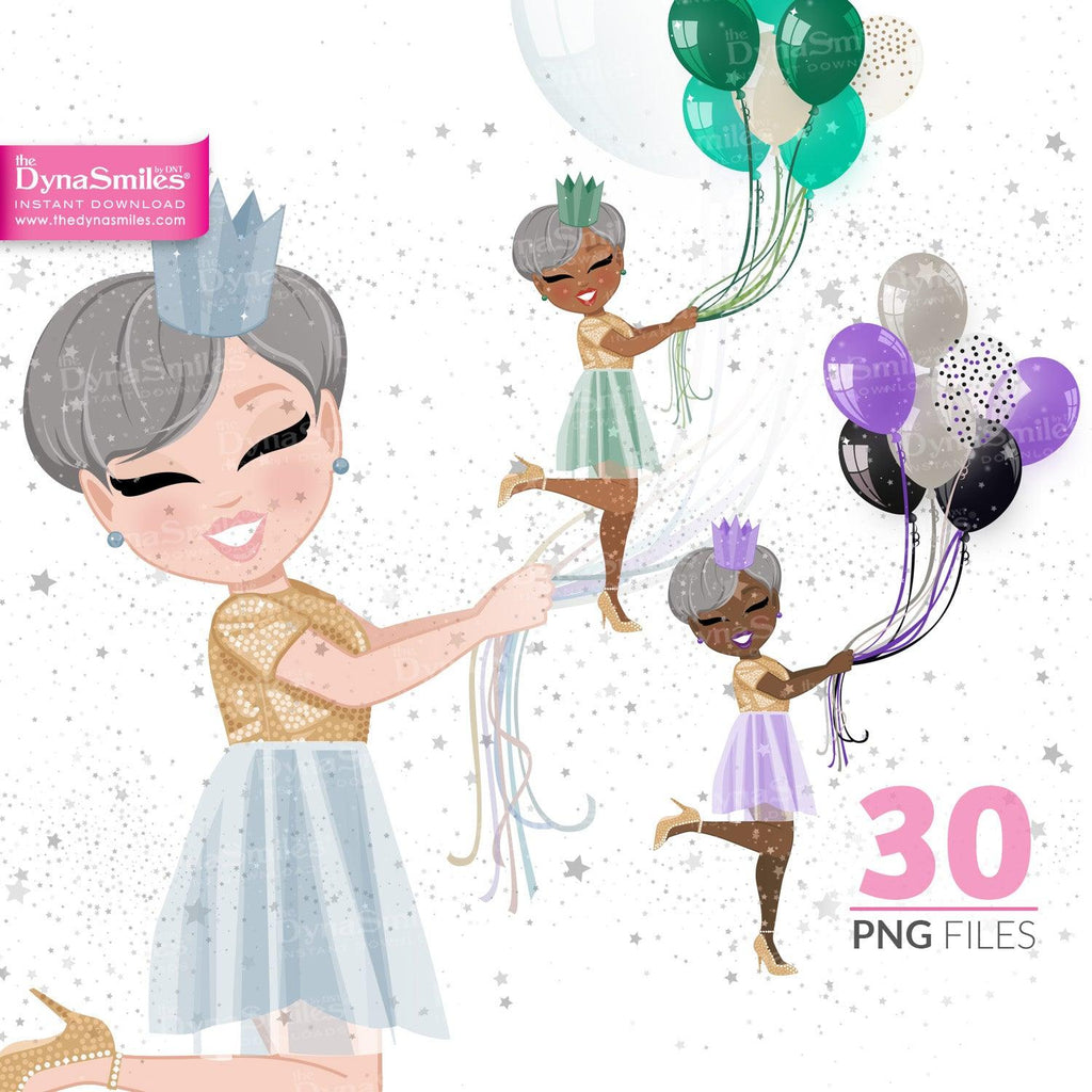 Balloons "Short Gray Hair" Birthday Celebration Digital Doll, Black Woman Fashion Clipart, African American, Melanin, Cute Black Girl Illustration, Digital Planner Sticker, PNG Download