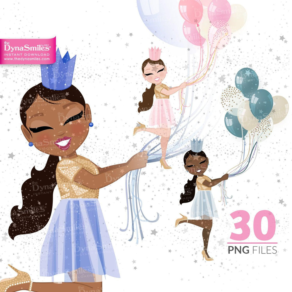 Balloons "Sleek Ponytail" Birthday Celebration Digital Doll, Black Woman Fashion Clipart, African American, Melanin, Cute Black Girl Illustration, Digital Planner Sticker, PNG Download