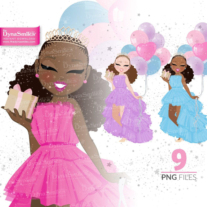 Princess "Natural Hair" Birthday Celebration Digital Doll, Black Woman Fashion Clipart, African American, Melanin, Cute Black Girl Illustration, Digital Planner Sticker, PNG Download