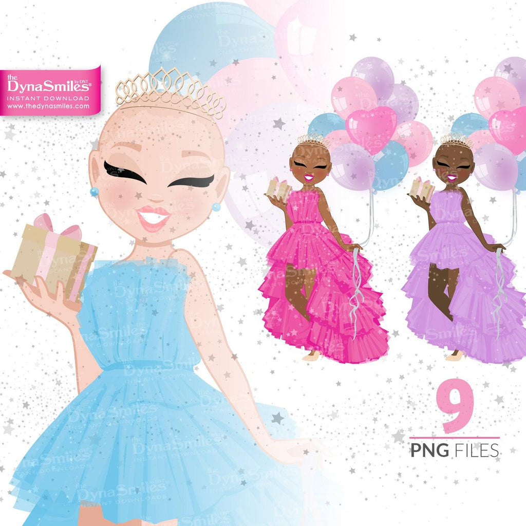 Princess "Bald" Birthday Celebration Digital Doll, Black Woman Fashion Clipart, African American, Melanin, Cute Black Girl Illustration, Digital Planner Sticker, PNG Download