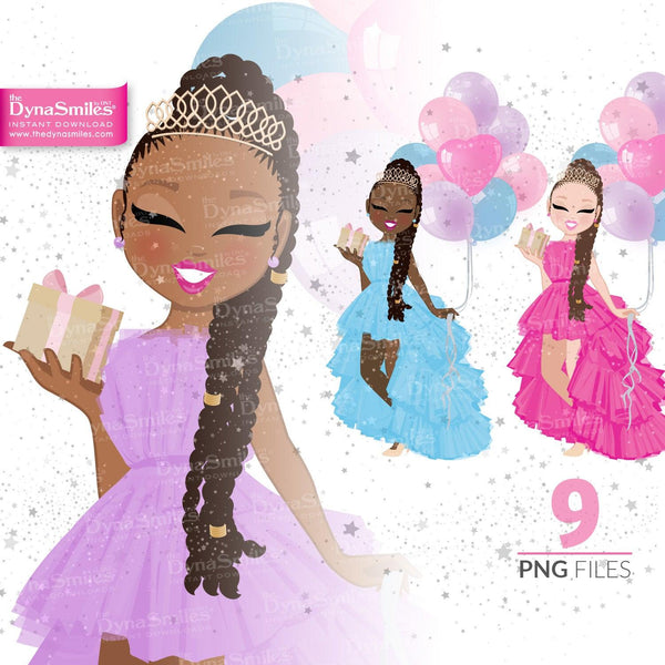 Princess "Braids" Birthday Gift Celebration Digital Doll, Black Woman Fashion Clipart - TheDynaSmiles.com
