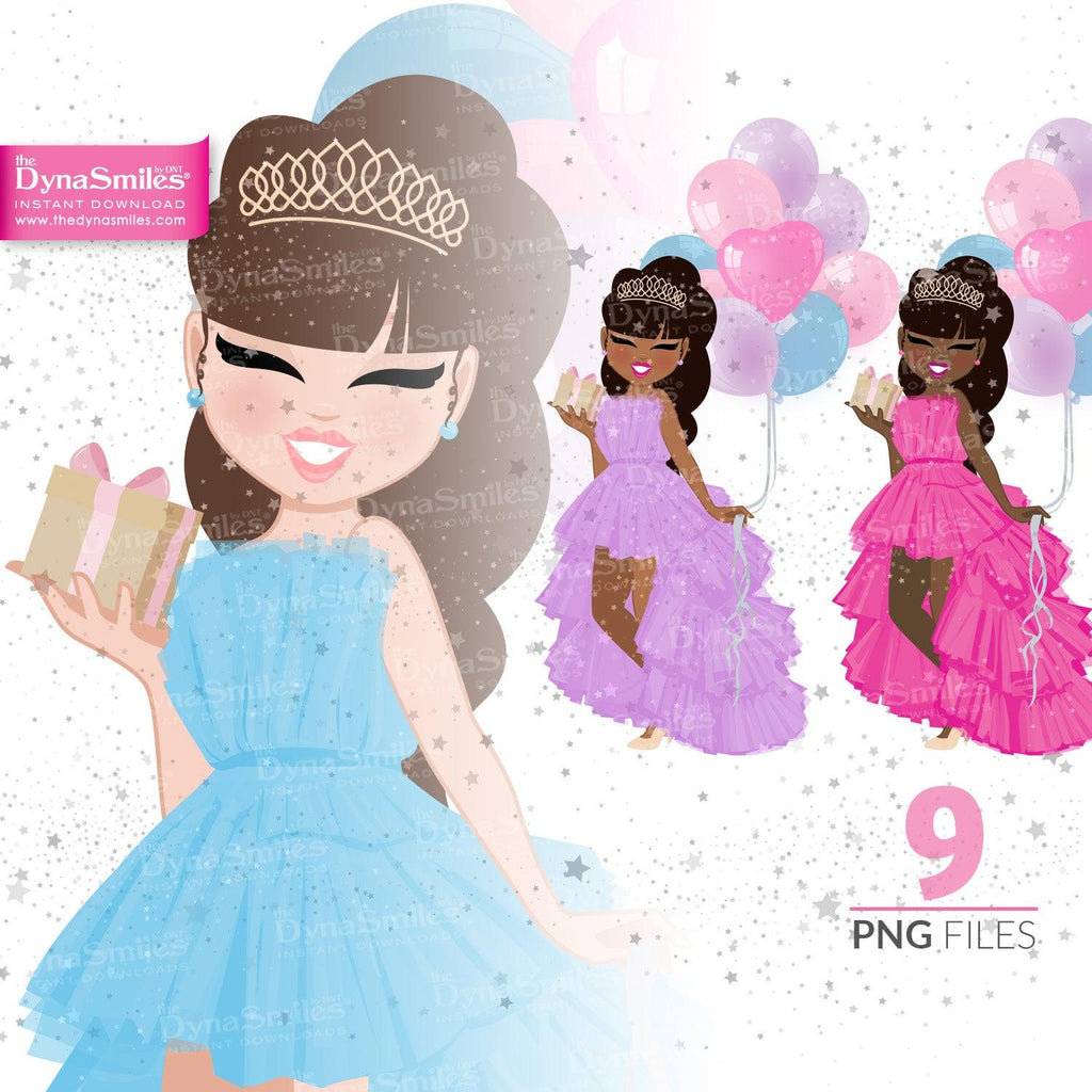 Princess "Long Hair" Birthday Celebration Digital Doll, Black Woman Fashion Clipart, African American, Melanin, Cute Black Girl Illustration, Digital Planner Sticker, PNG Download