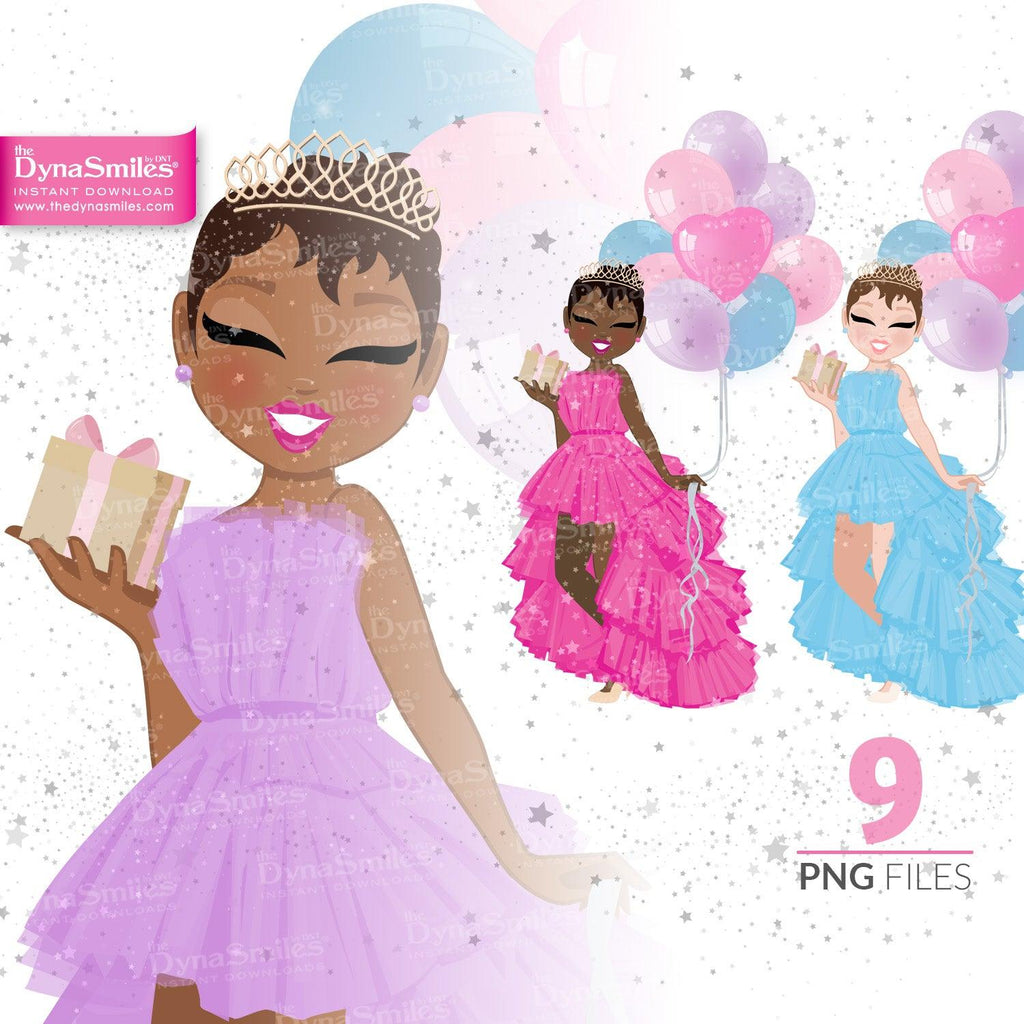 Princess "Pixie Cut" Birthday Celebration Digital Doll, Black Woman Fashion Clipart, African American, Melanin, Cute Black Girl Illustration, Digital Planner Sticker, PNG Download