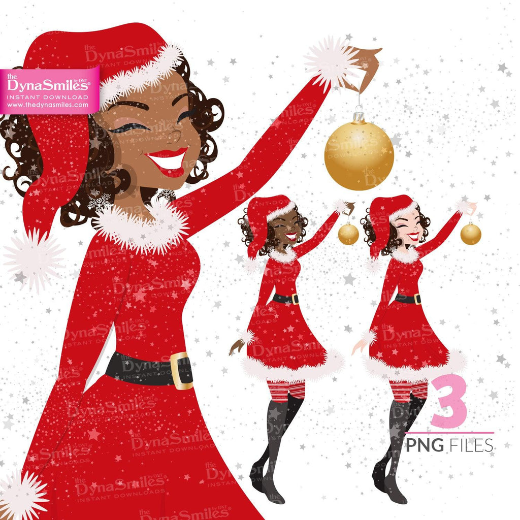 "Santa Decor Girl" Christmas Digital Doll, Black Woman Fashion Clipart, African American, Melanin, Cute Black Girl Illustration, Digital Planner Sticker, PNG Download