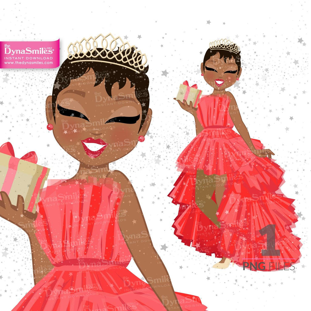 Princess "Pixie Cut" Celebration in Red, Digital Doll, Black Woman Fashion Clipart, African American, Melanin, Cute Black Girl Illustration, Digital Planner Sticker, PNG Download